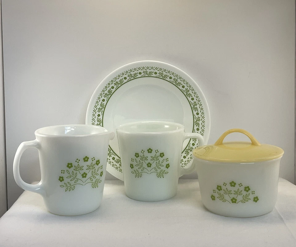 Juego de 4 tazas de azúcar crema vintage Pyrex Honeydew Summer Impressions #1410 Foto 2 de 4