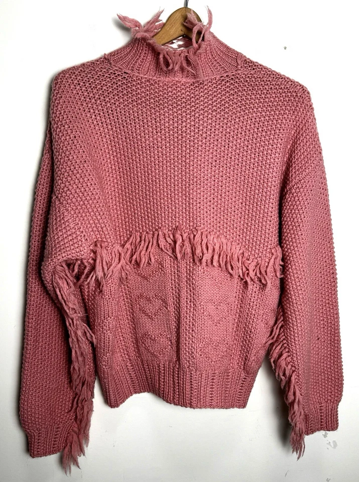 Suéter De Colección Años 90 Tejido a Mano Lana Flecos M Rosa Grueso Tejido Boho Festival Cárdigan Foto 2 de 4