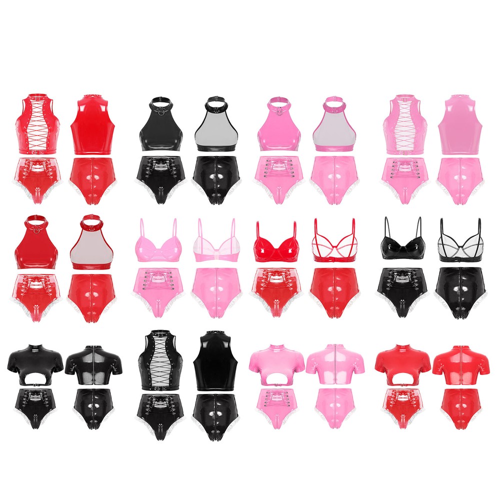 Womens Lingerie Set High Waist Outfit Patent Leather Clubwear Soft Top S-4XL