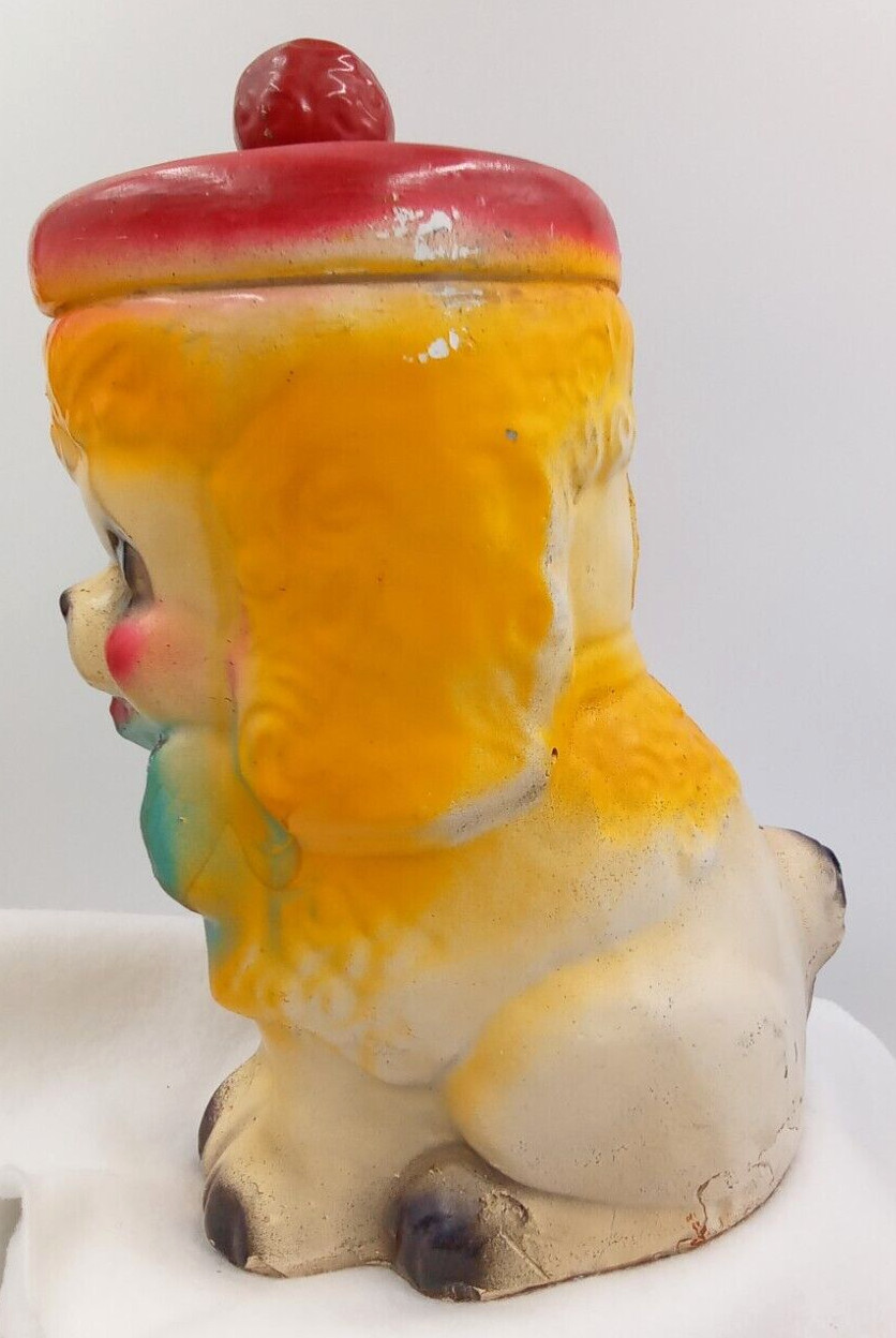 Poodle Chalkware Piggy Bank Dog Blue Sparkly Bow Carnival Prize 1940s Vintage