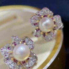 gorgeous pair of 9-10mm south sea round white pearl stud earring 925s(sp)