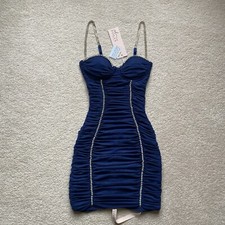 BNWT Oh Polly Rise & Shine Navy Blue Embellished Ruched Bodycon Mini Dress UK 6