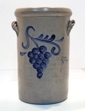 Rowe Pottery Works 2000 Stoneware Grape Tall Crock/Wine Cooler Blue Cobalt 