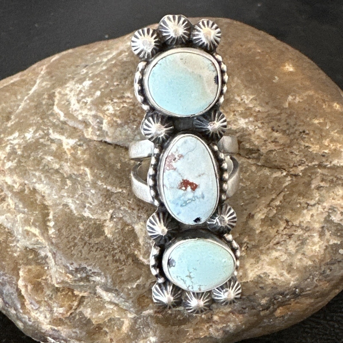 Navajo Sterling Silver Cluster Blue Dry Creek Turquoise Ring Sz