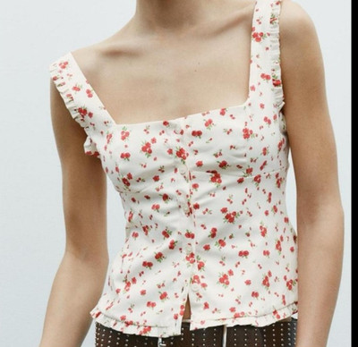 NEW Zara Floral Tank Top Sheer SMALL Button-front Babydoll Coquette Lolita Fairy