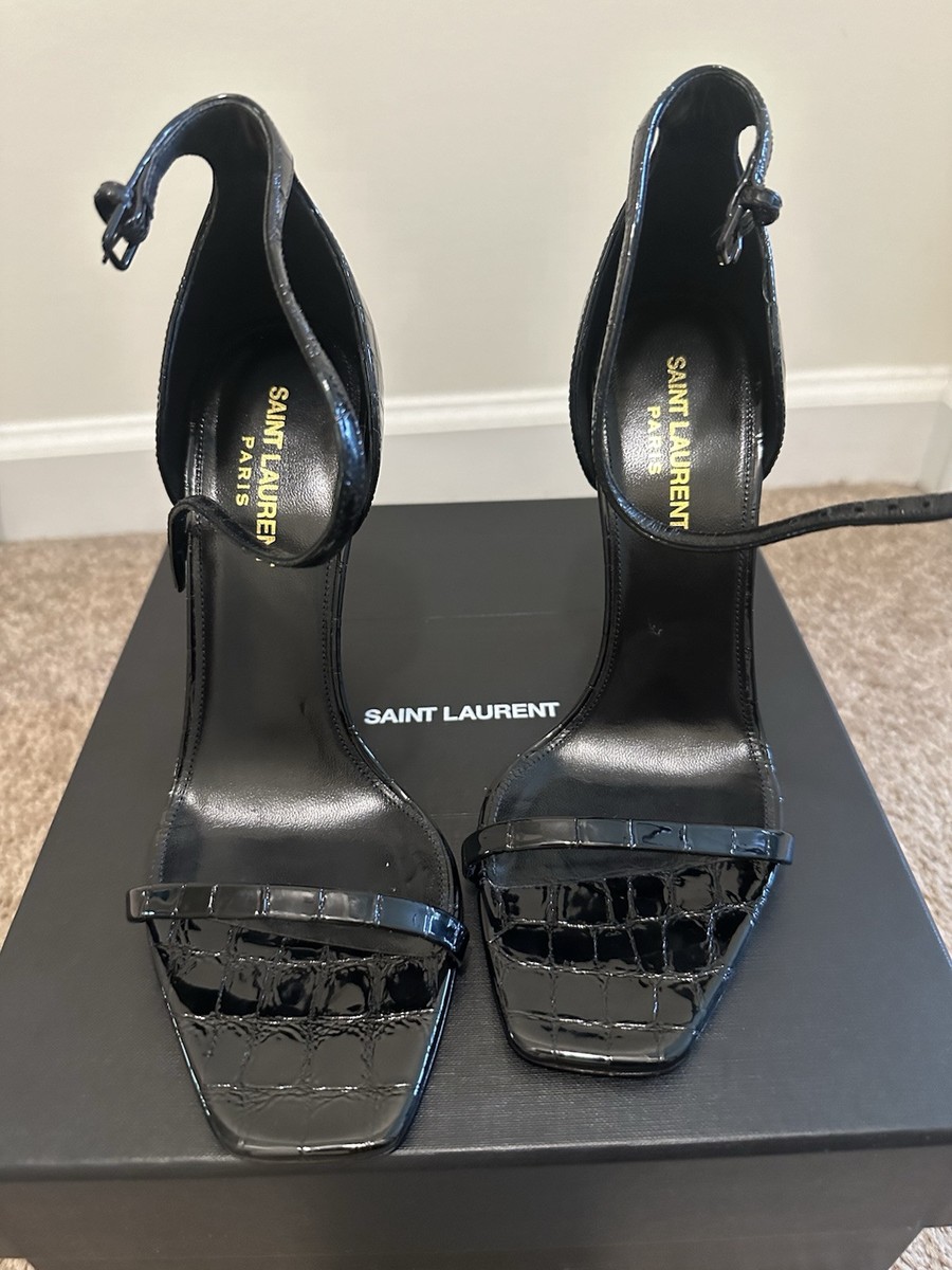 YSL OPYUM SANDALS IN CROCODILE-EMBOSSED LEATHER BLACKYves Saint
