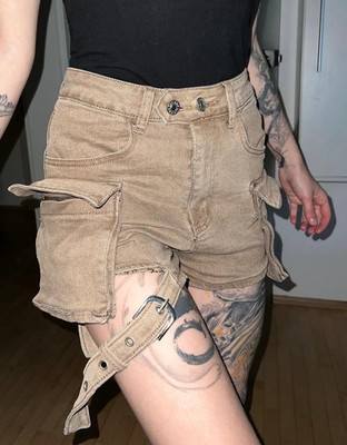 Damen Cargo-Shorts Beige High Waist XS Denim Baumwollmischung Elasthan Knopf