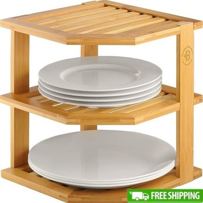 Bamboo Plate Organizer 3-Tier Storage Rack Space Saving Kitchen Cabinet Display