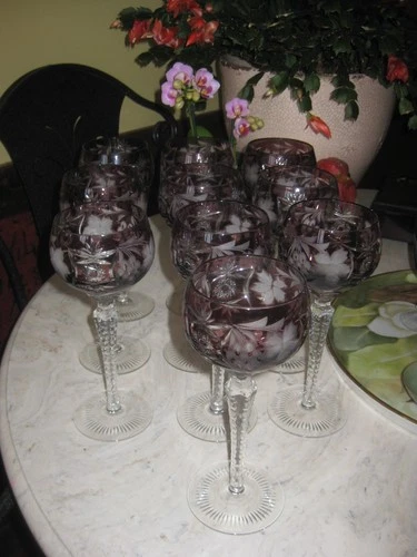 Set of 10 NACHTMANN TRAUBE CRYSTAL Tall Hock Wine Glass Amethyst Cut to Clear