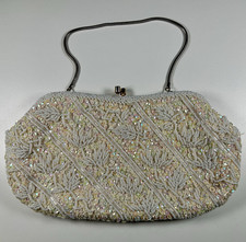 La Regale Ltd. Handmade White Beaded Sequin Kiss Lock Clutch, Strap, Lined