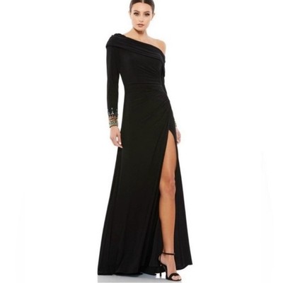 Mac Duggal Beaded Cuff Drop Shoulder Faux Wrap Gown Womens 8 Black Red Gold Prom