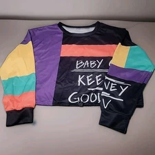 Fashionova Colorblock Crop Pullover Shirt Drawstring Hem Long Sleeve Sz L