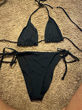 Women s Black Solid Triangle Halter Bikini 2-Piece Set Tie Sides Size M Regular