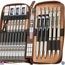 30PCS Mechanical Pencil Set with Leather Case, 0.5mm, 0.7mm, 0.9mm & Lead