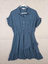 Teal Blue Tiered Ruffled Dress Large Harlow & Rose Short Sleeve Shirt Dress