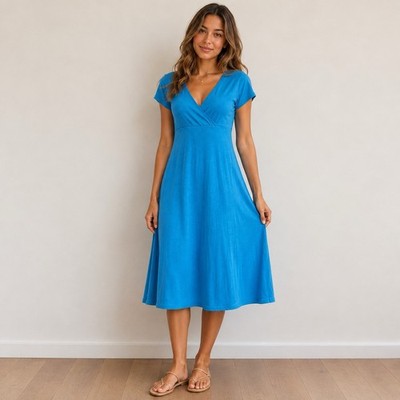 Chadwicks Women s Size Small Blue Wrap V-Neck Short Sleeve Midi Dress