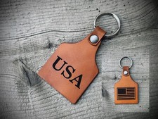 USA / American Flag Engraved Leather Key Chain / Handmade / Double sided