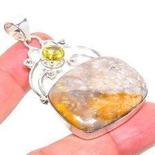 Fossil Coral Gemstone Handmade 925 Sterling Silver Jewelry Pendant  RM-138