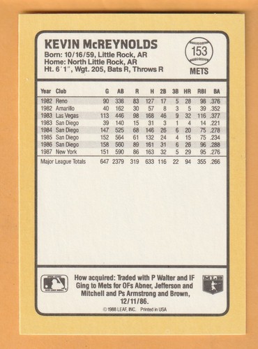 Kevin McReynolds New York Mets 1988 Donruss Baseball's Best #153 Arkansas 13G - Picture 2 of 2