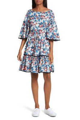 MILLY White Blue Red Floral Hibiscus Print Bell Sleeve Cotton Fit Flare Dress 8