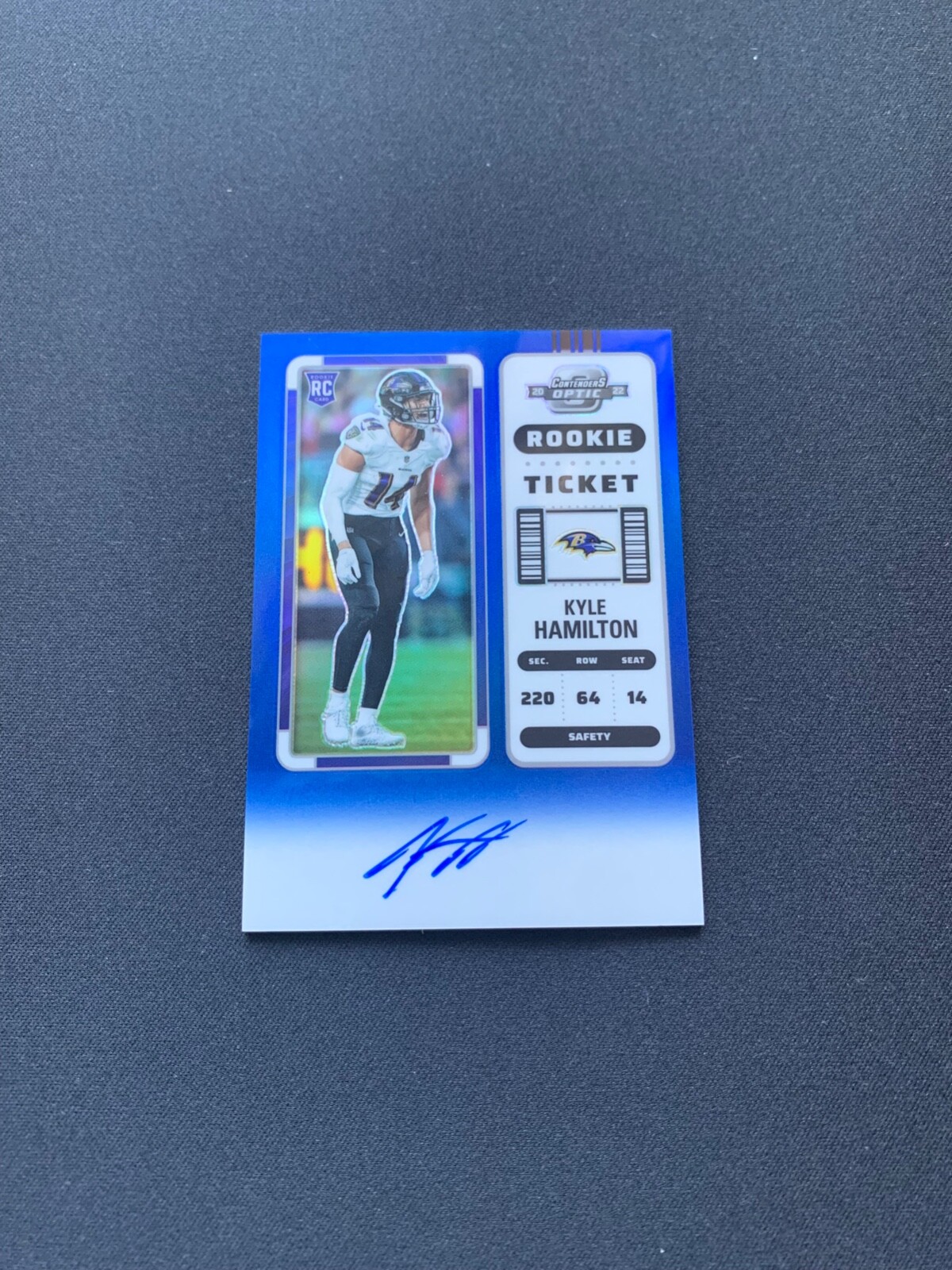 Kyle Hamilton 2022 Panini Contenders Optic Auto Blue RC Ticket #128 #/75