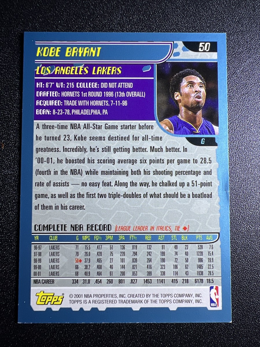 2001 Topps #50 Kobe Bryant Los Angeles Lakers | eBay