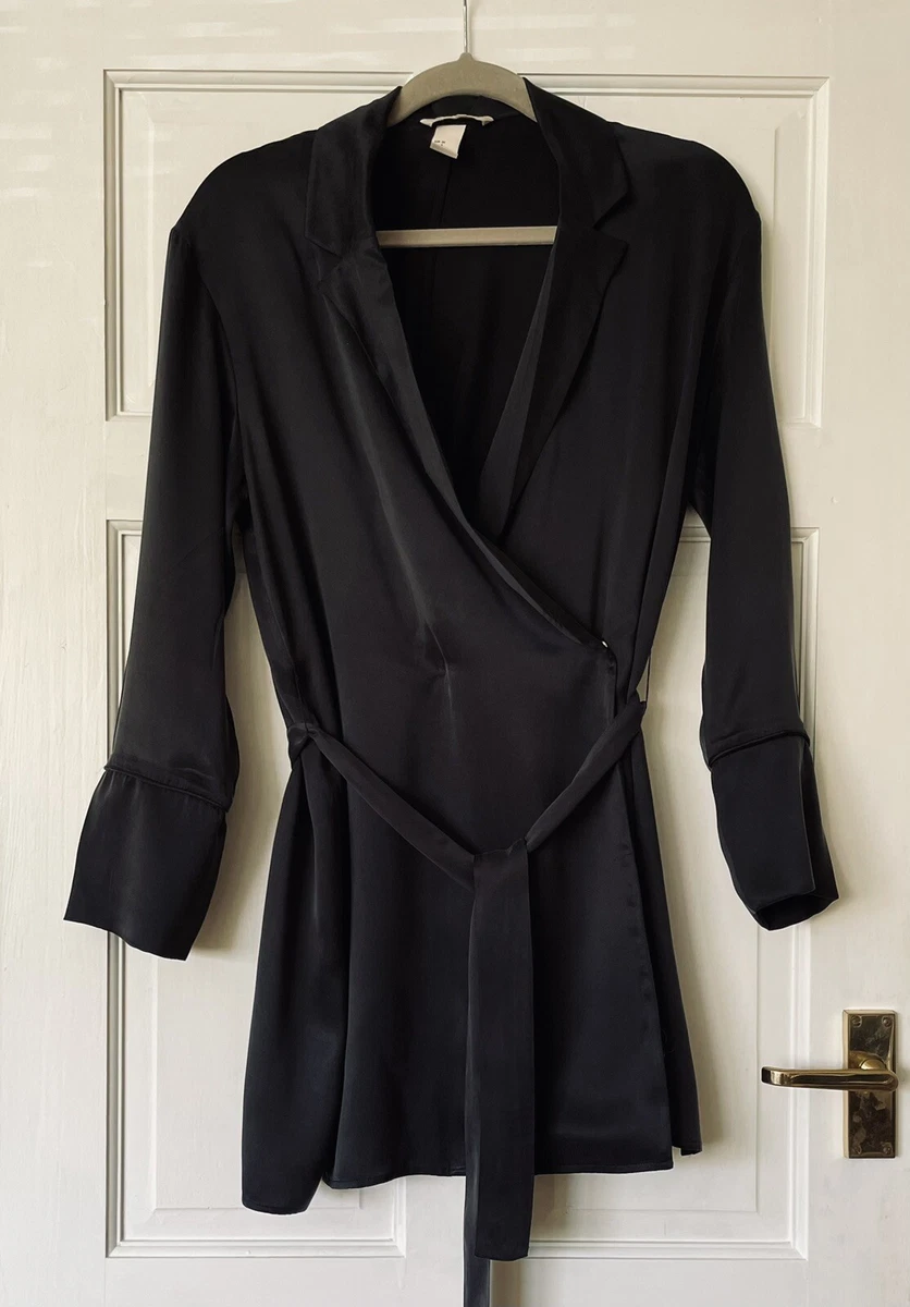 H M Pure 100 Silk Tie Waist Black Tuxedo Collar Jacket Mini Dress Top UK 8