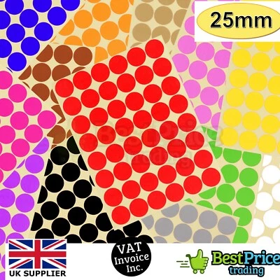 96 x 25mm Coloured DOT STICKERS Round Sticky Adhesive Spot Circles Paper Labels