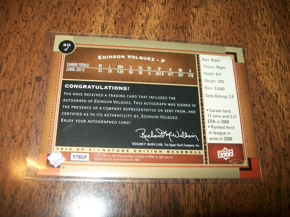 2012 SP SIGNATURE EDITION EDISON VOLQUEZ SIGNED AUTO #SD4 SAN DIEGO PADRES - Image 2 of 2