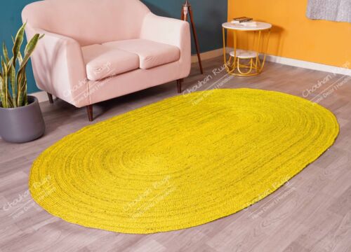 Yellow Oval Jute Rug, Hand Braided Area Jute Rug, Vintage Rug For Living Room - Picture 1 of 6