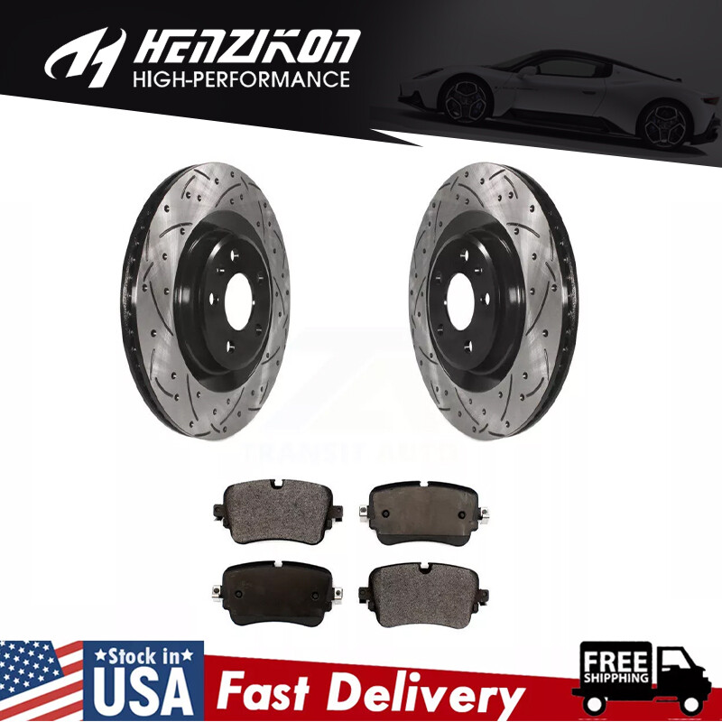 For Audi Q7 Rear Coated Drilled Slotted Disc Brake Rotors And Ceramic Pads Kit ~