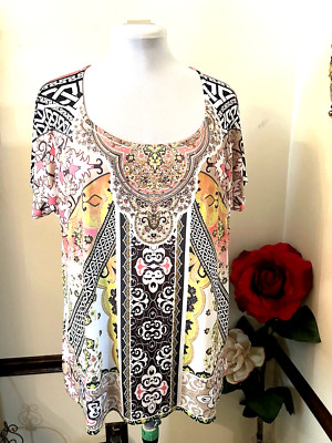 Style&co. T Shirt Top Women Multi Floral Beaded Short Sleeve PLUS SIZE 1X.
