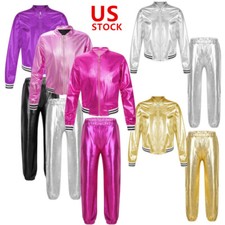 Kids Girls Shiny Metallic Jacket and Glossy Pants Hiphop Dancewear Streetwear