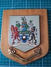 Haverfordwest Town Counci vintage crest, polished wooden wall plaque. 17x15mm