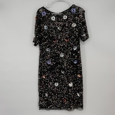 Adrianna Papell Womens 14P Black Sequin Floral Sheath Dress Short Sleeve Petite