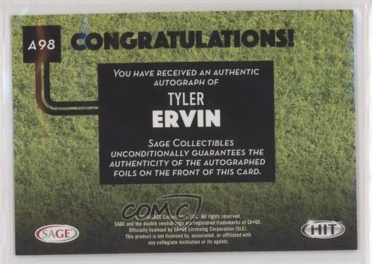 2016 SAGE Hit Auto Black Tyler Ervin #A98 Rookie Auto RC - Image 2 of 2