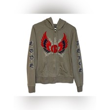 Y2K lucky brand XL zip up hoodie embroidery love peace wing appliqu  indie tat