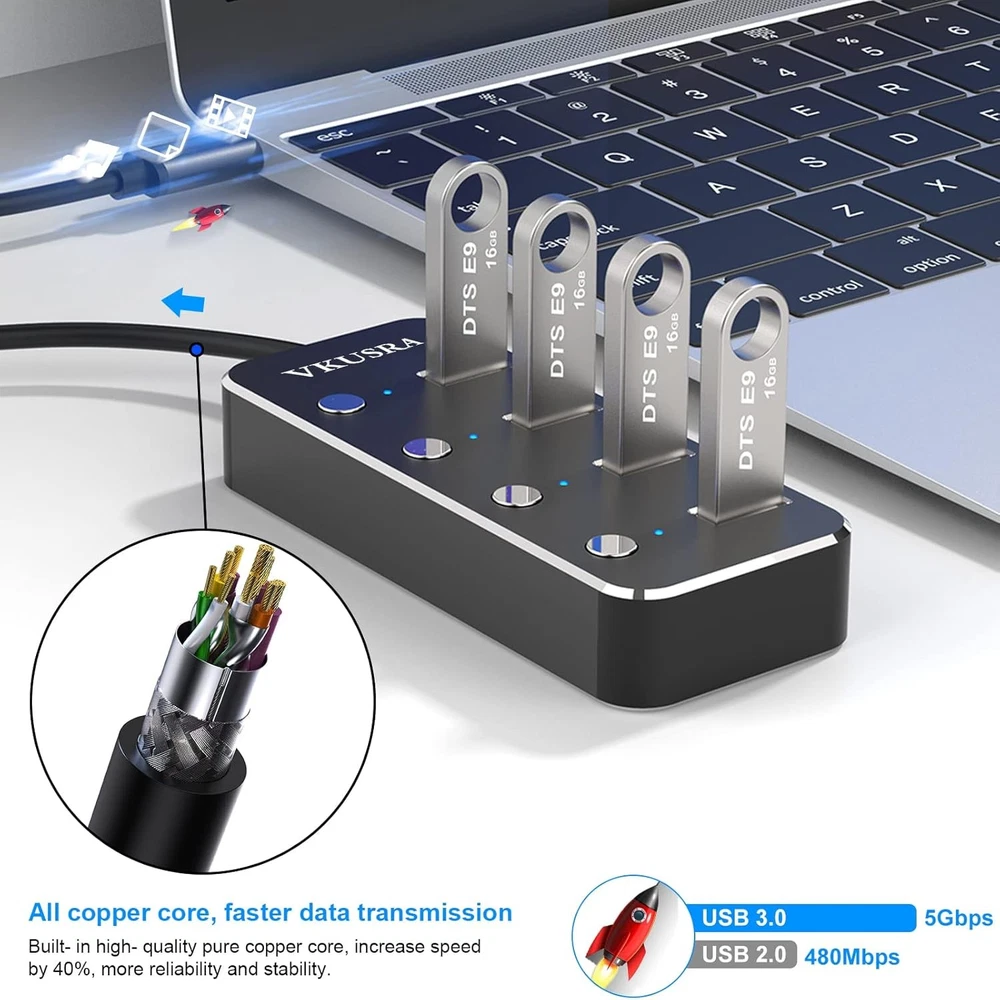 4-Port USB 3.0 Hub with 4ft Cable & LED Indicators