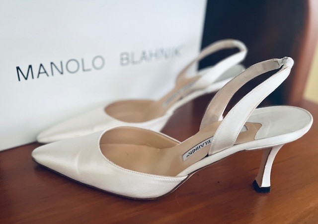 Manolo Blahnik White Satin Slingback Vintage Manolo Blahnik