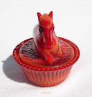 Horse on Nest 5” Covered Dish, Resting Pony Red-Orange Opaque Geraldines Delight — photo 2