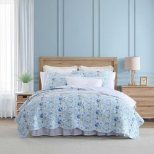 Laura Ashley Quilt Set Peony Garden Blue Twin with Matching Sham Scalloped Edge