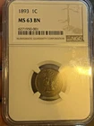 1893 Indian Head cent  NGC 63 BN , Better date & Grade