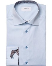 Men Eton Light Blue Seasonal Print Poplin Shirt Size 15.5 39 Slim Fit