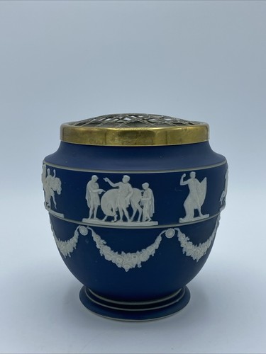 Vintage Adams Blue Jasperware Vase With Brass Top - Picture 3 of 6