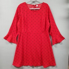 Old Navy Polka Dot Dress Womens size XL Red A-Line 3/4 Bell Sleeve Smocked Side