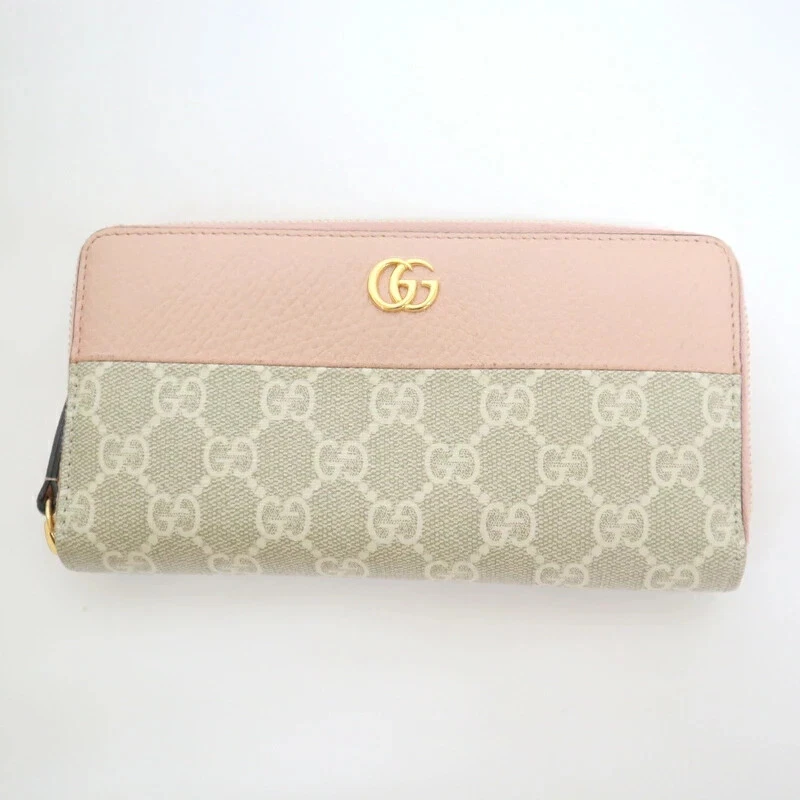 Portefeuille Gucci Double G Zip Autour GG Supreme Cuir Rose Poussière Beige Authentique