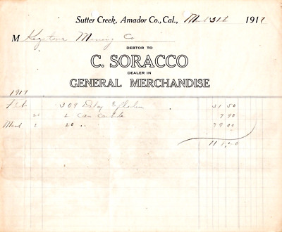 C. Soracco 1917 Hand Written Invoice Receipt - Dealer In General Merchandise (A)