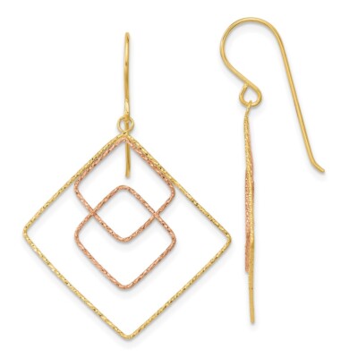 Echte 14kt bicolor Diamantschliff abgestuft Princess Square Hirten Haken Ohrringe