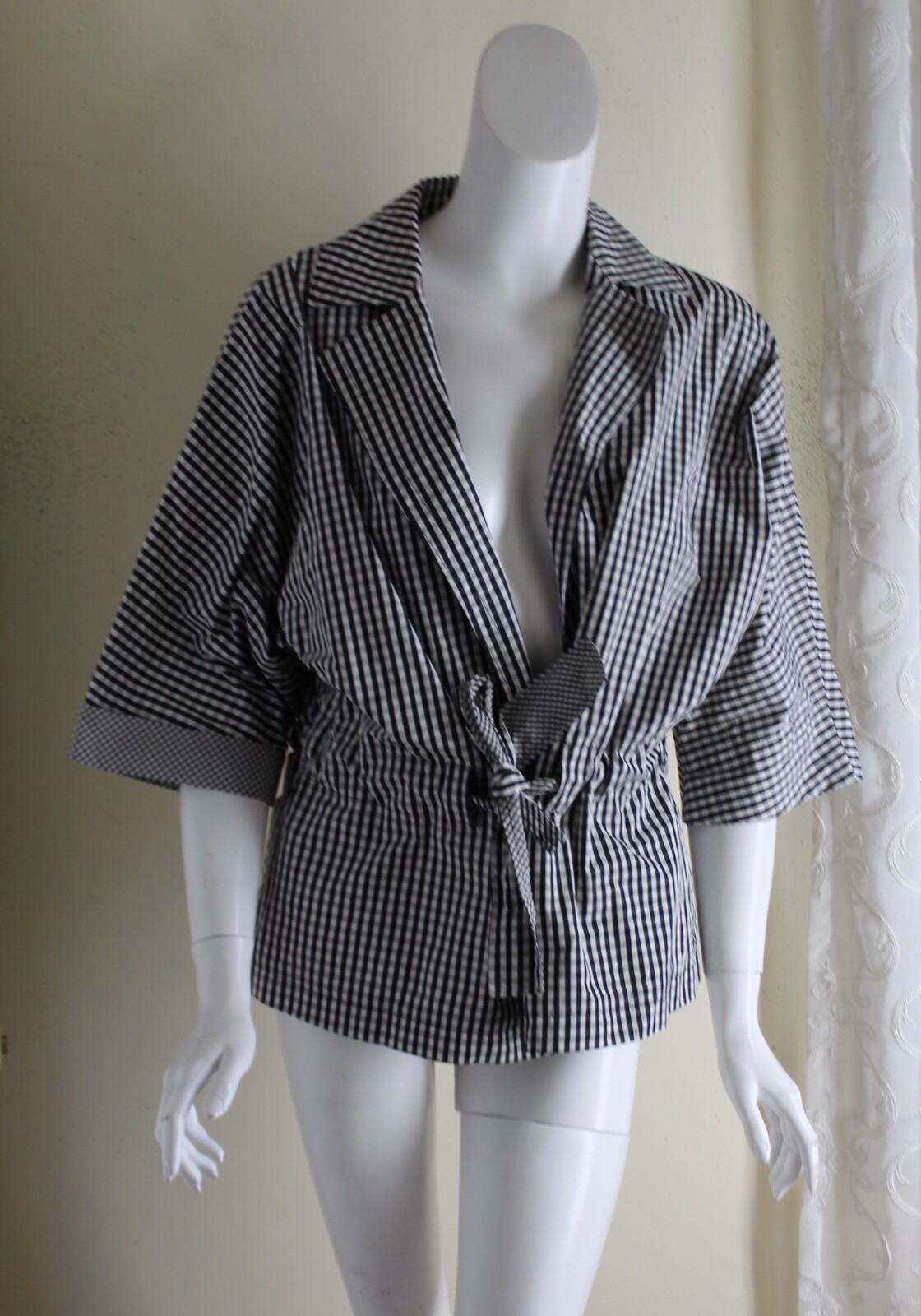 Talbots -Sz M Black White Tie Front Fabulous Oversized Gingham Chic Jacket image 3