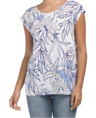 Halston 100% Linen Top Blue Floral Button Close Back Small Beachy Summer Light
